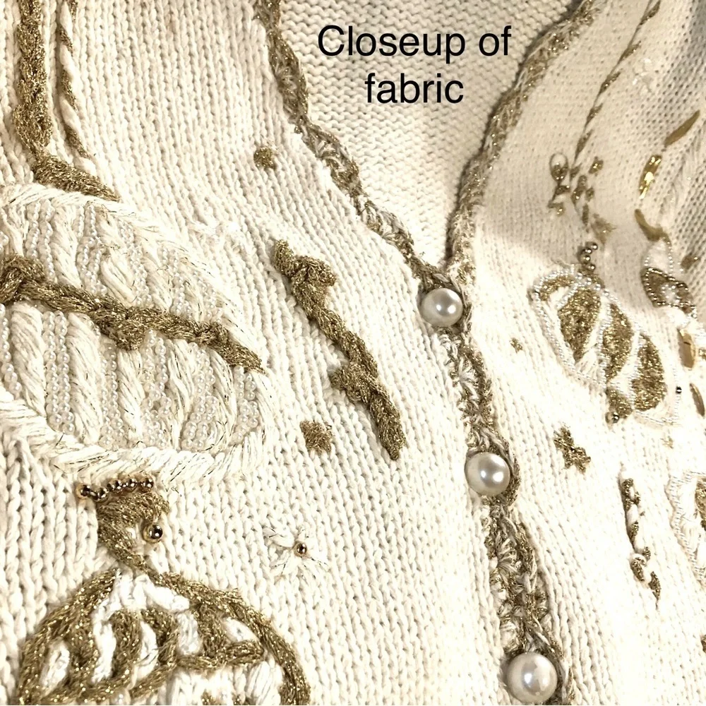Vintage 90's Jacqueline Ferrar Sweater Cardigan Sz M Cream Gold Ornament Ramie